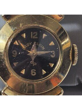 Vintage Lady Elgin 14K Gold Filled Ladies' Watch Black Dial Speidel USA Wind Up